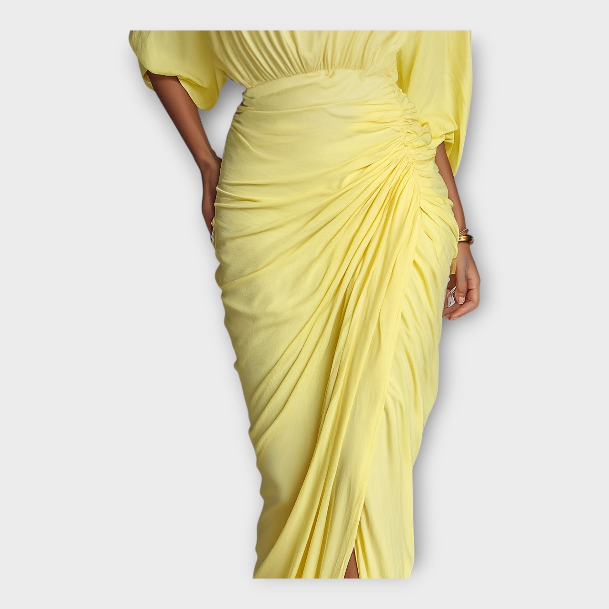 Yellow maxi dress ruched waist with pleated drape and gathered fabric detail