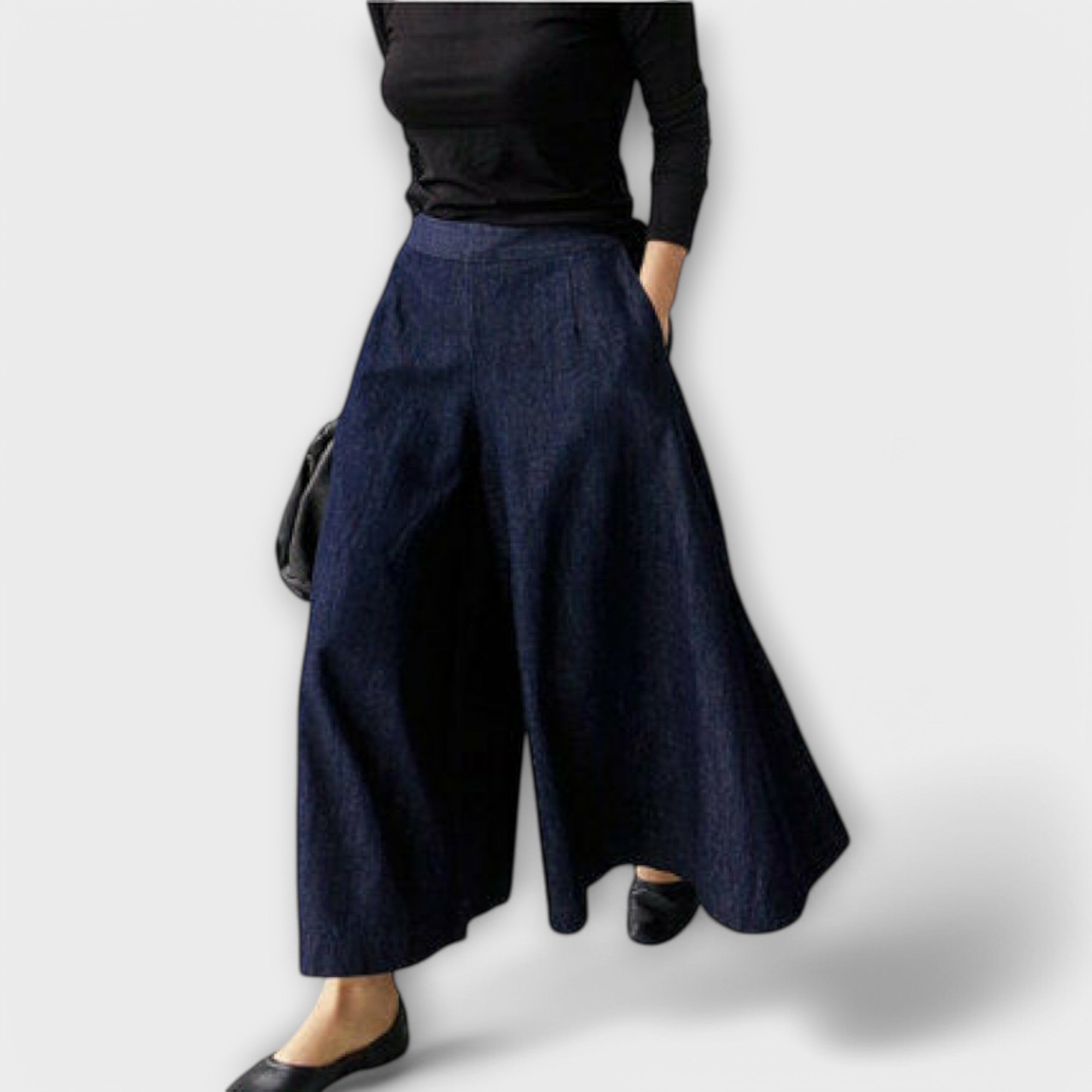 Women's wide-leg denim pants, dark blue wide culotte silhouette from back view