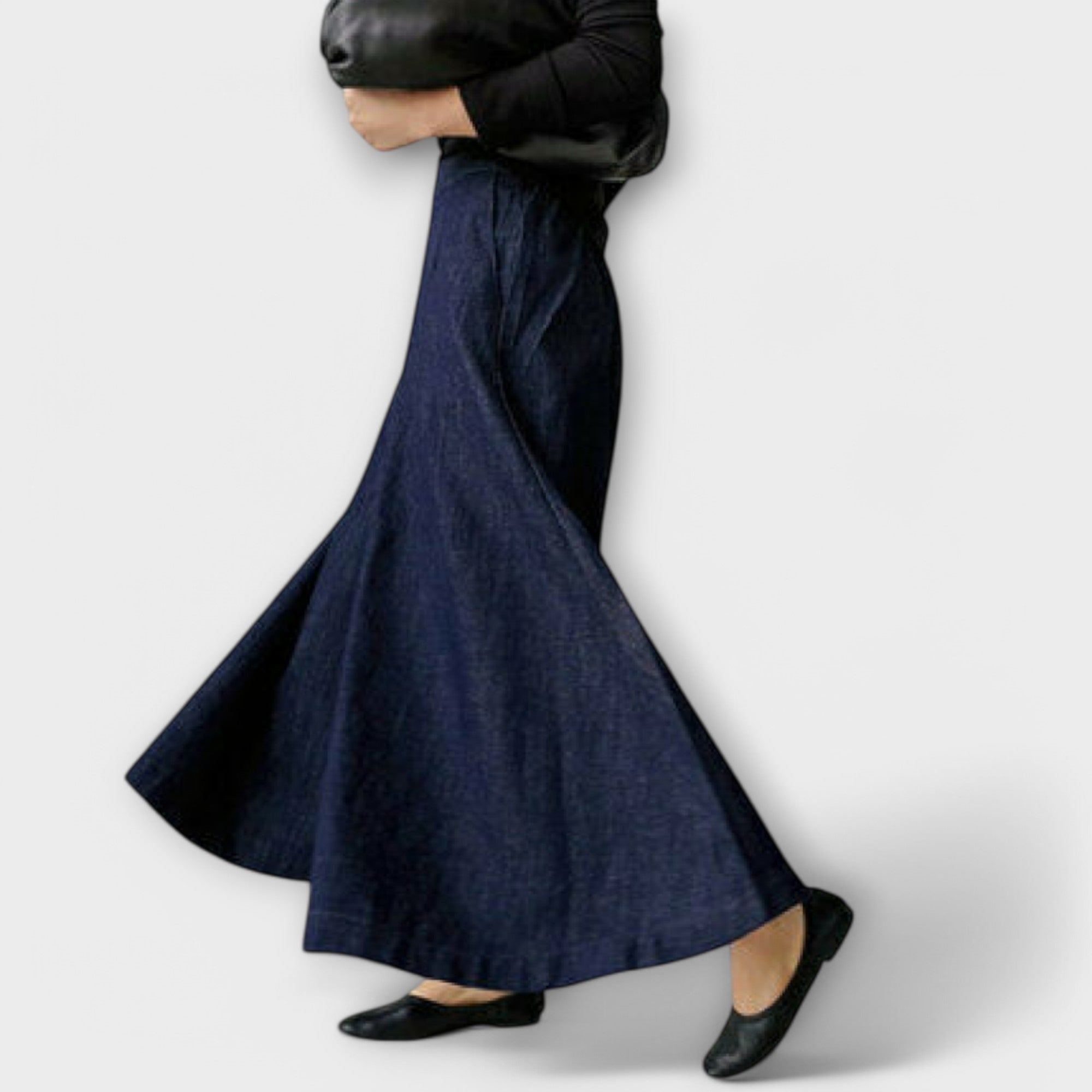 Women's wide-leg denim pants, dark blue full-length flare with side view