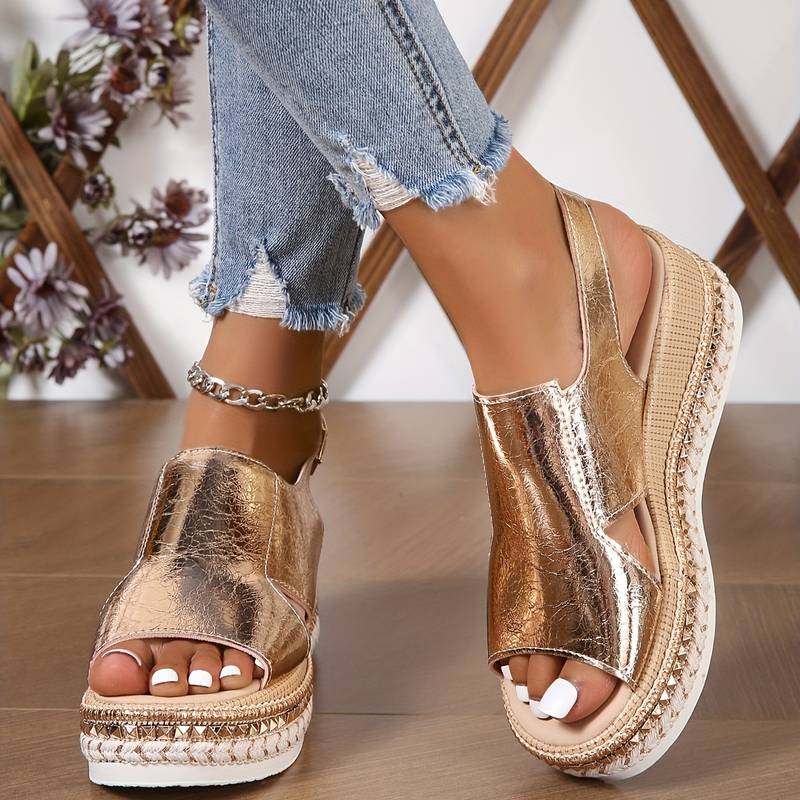 Orthopedic rose-gold platform sandals with open toe and side cutout straps