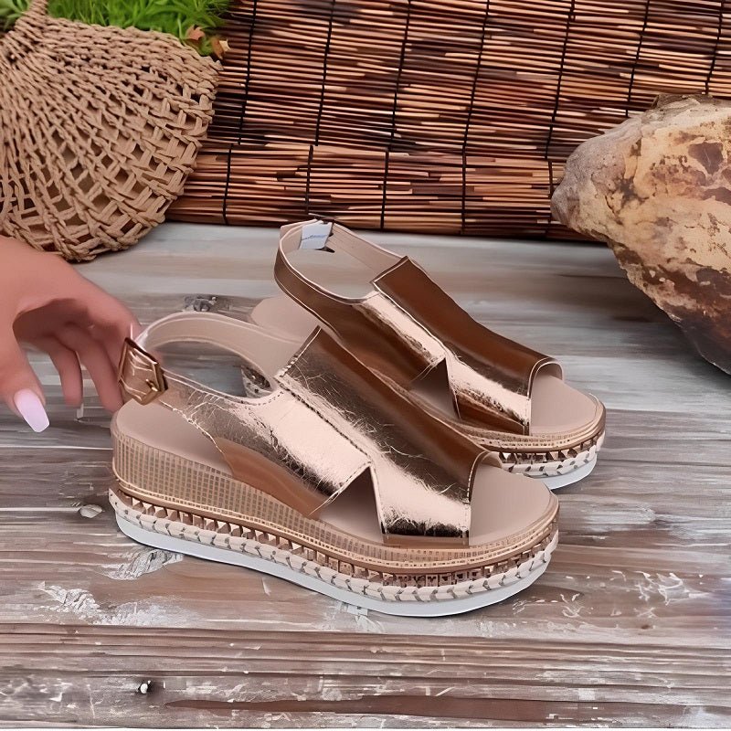 Orthopedic metallic rose-gold platform sandals with two-strap upper and open toe