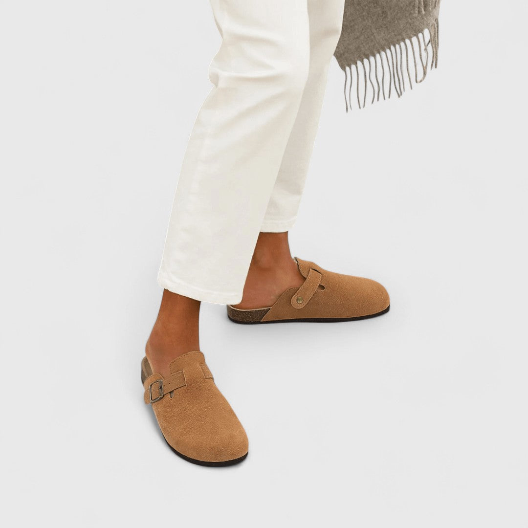 Suede leather slide sandal, brown with adjustable buckle strap