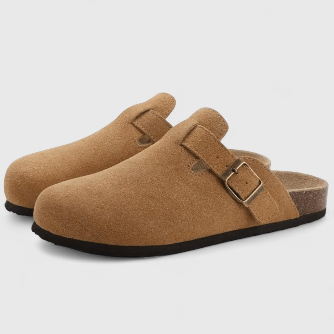 Suede leather slide sandal, tan with wide buckle strap and closed toe