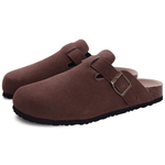 Suede leather slide sandal, dark brown with front buckle strap and molded sole