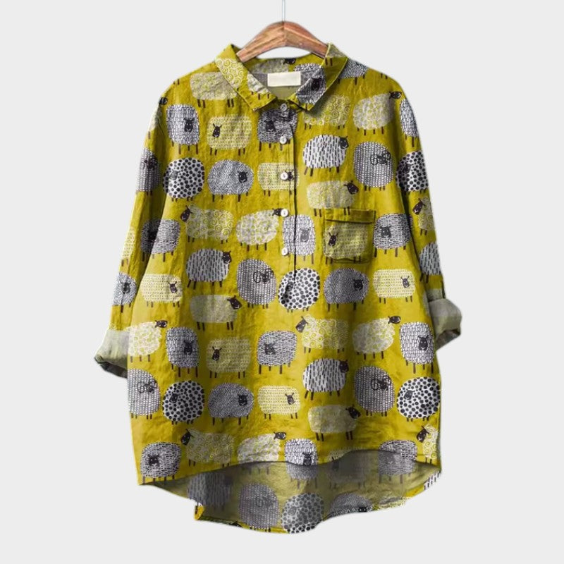 Gunna premium lace-detail blouse, yellow with gray circular print, button-up, pockets