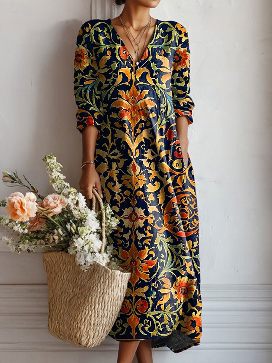 Yana daily comfort dress, dark floral print with V-neck and long sleeves