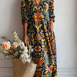 Yana daily comfort dress, dark floral print with V-neck and long sleeves