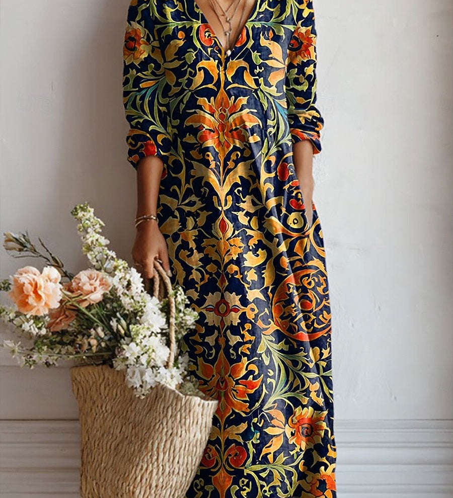 Yana daily comfort dress, dark floral print with V-neck and long sleeves