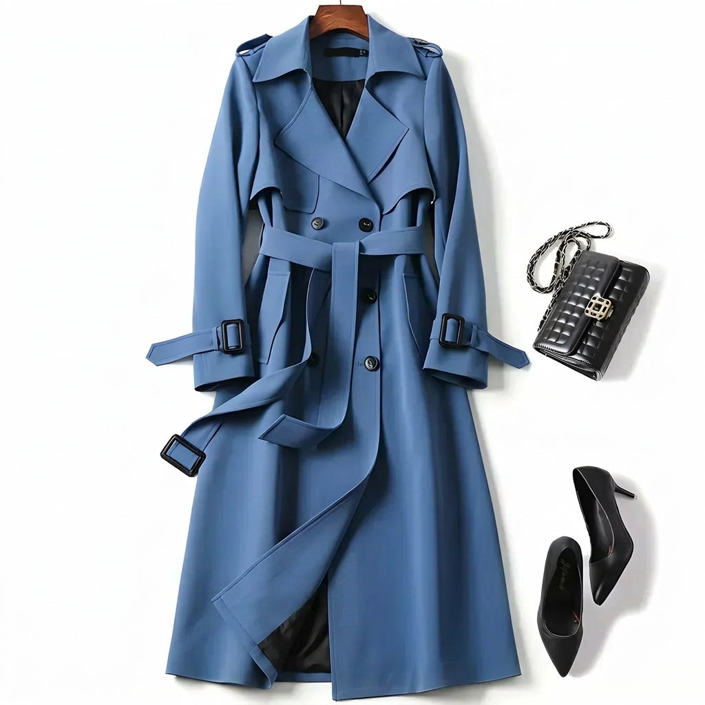 Blue classic trench coat with belted waist, layered lapels, and button front