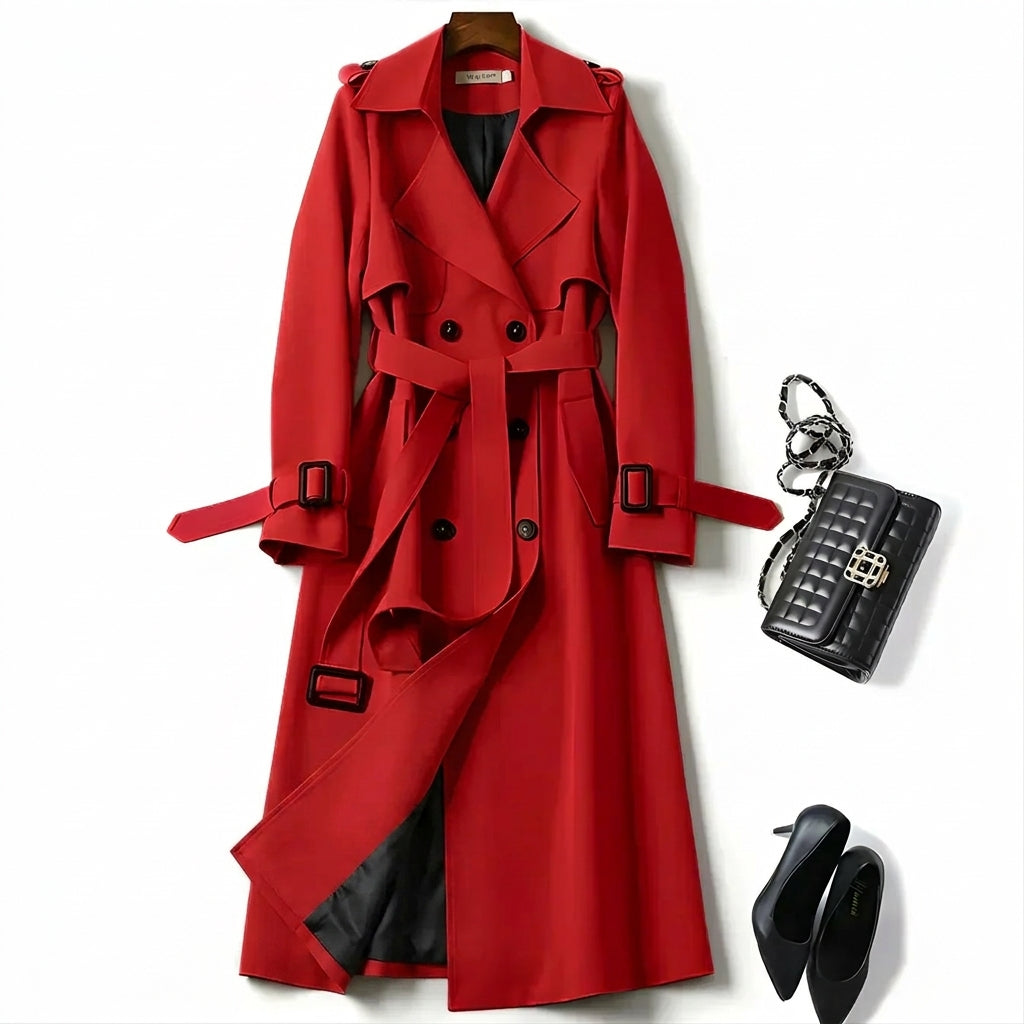 Red classic trench coat with belted waist, button front, and decorative buckles