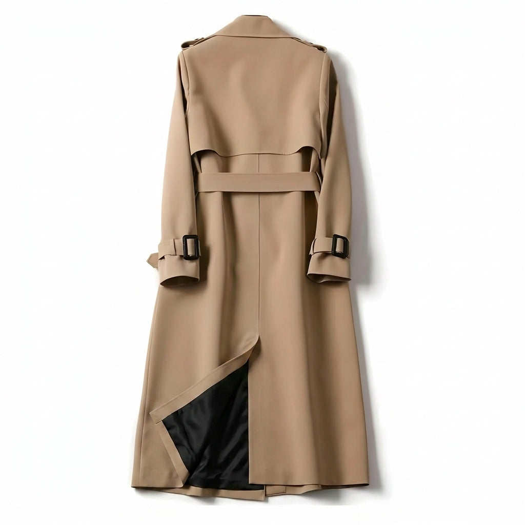 Beige classic trench coat back view with adjustable shoulder straps and waist belt