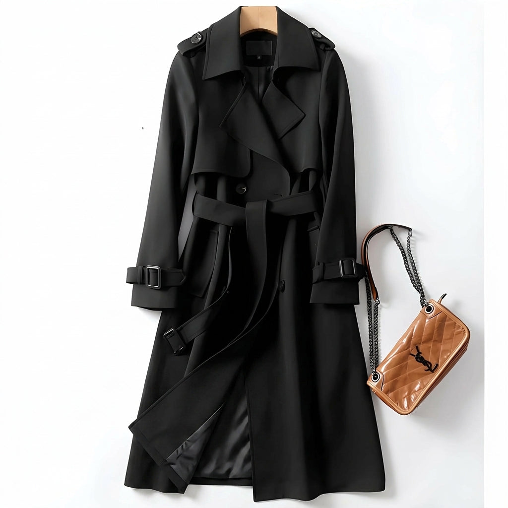 Black classic trench coat with belted waist, button placket, and fold-over collar