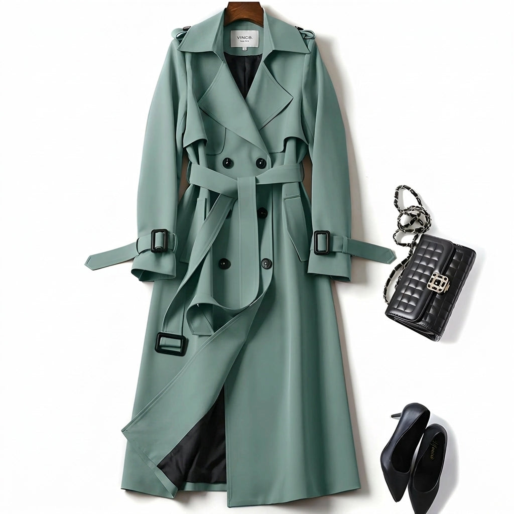 Mint green classic trench coat with belted waist, dark button details, and epaulets
