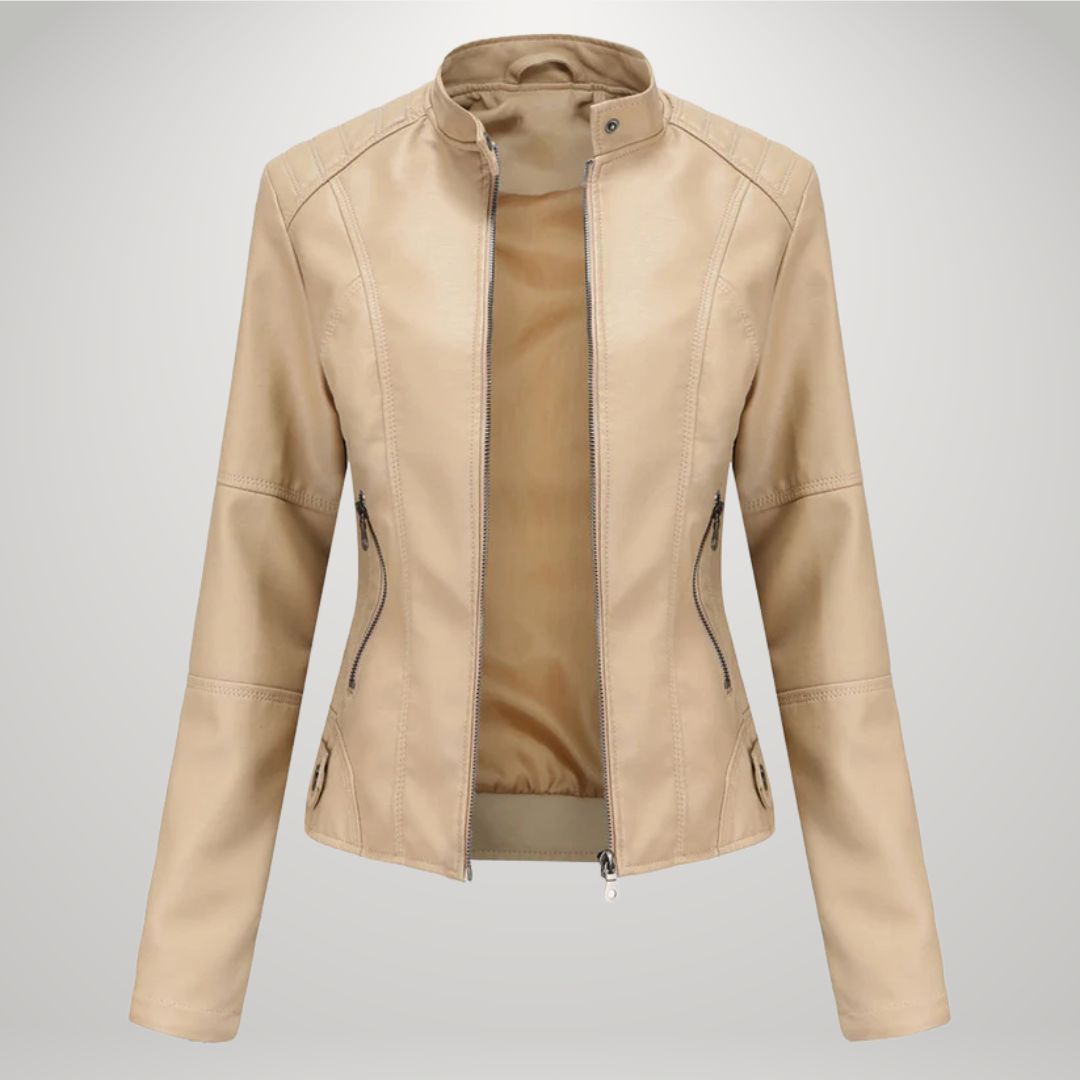 Beige leather-look moto jacket with zip front, stand collar, and asymmetrical pockets