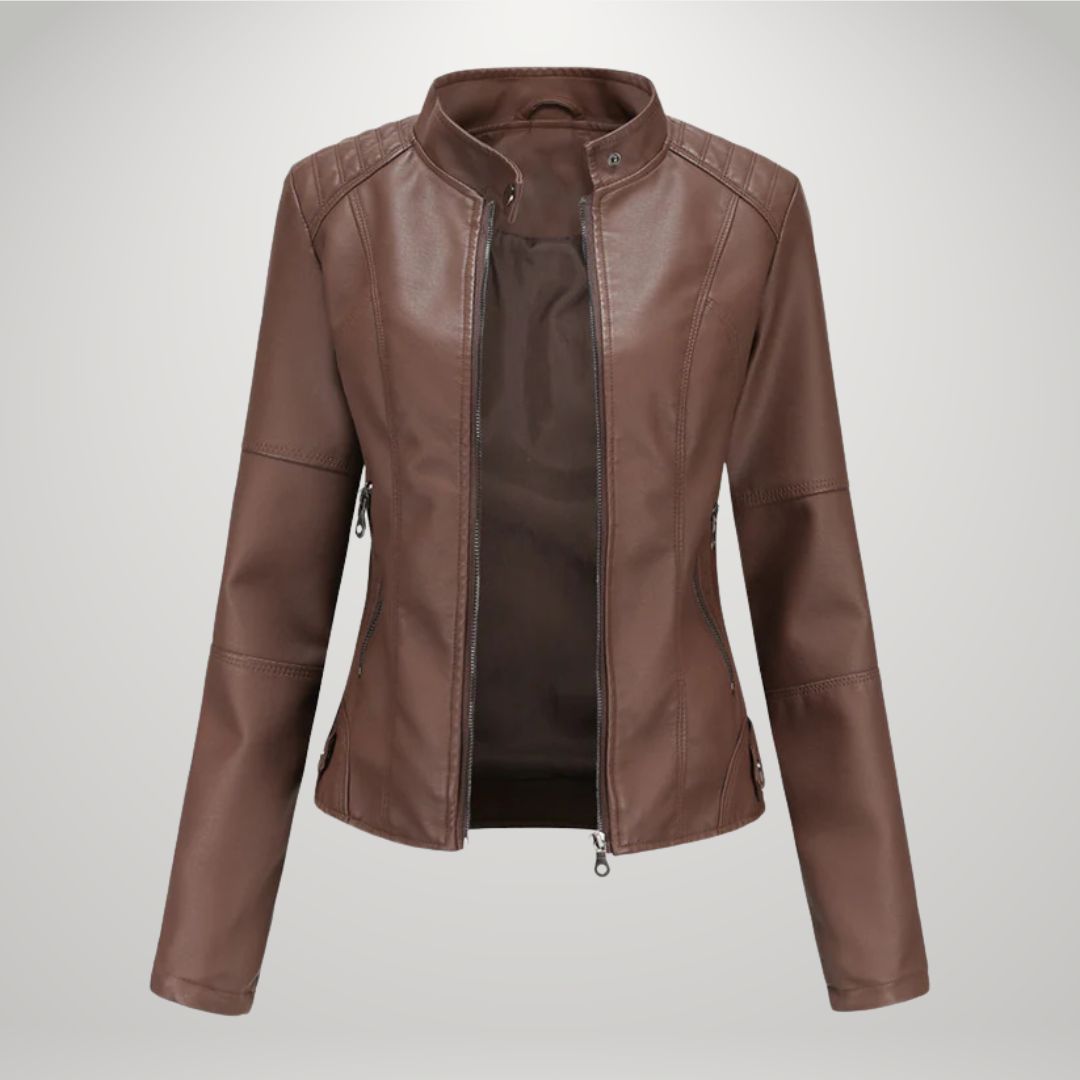 Brown leather-look moto jacket with zip front, stand collar, and side zip accents