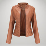 Camel leather-look moto jacket with zip front, stand collar, and side zip details