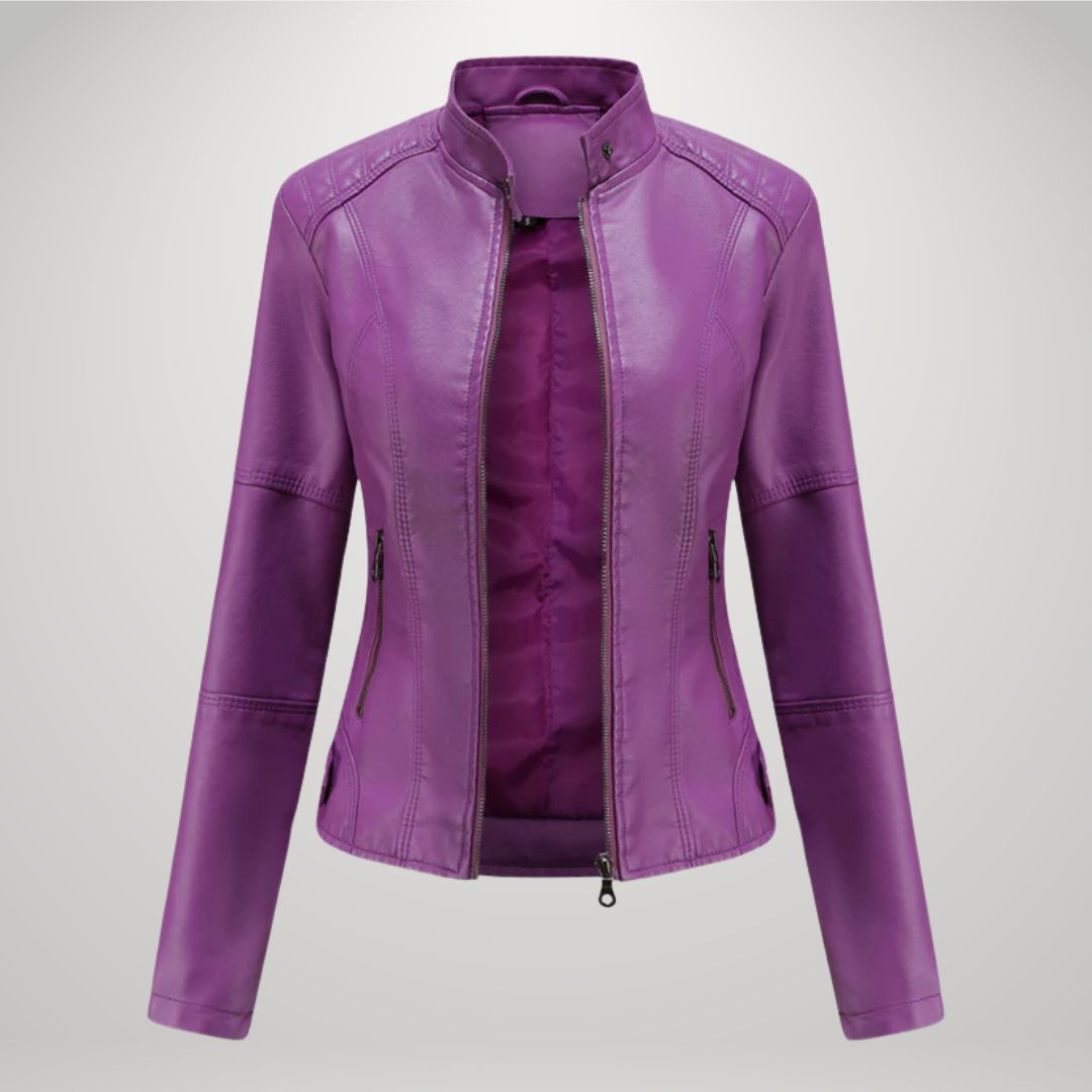 Plum leather-look moto jacket with zip front, stand collar, and side zip pockets