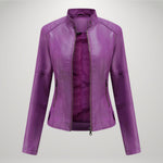 Plum leather-look moto jacket with zip front, stand collar, and side zip pockets