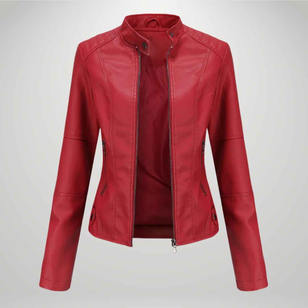 Red leather-look moto jacket with zip front, stand collar, and side pocket zips