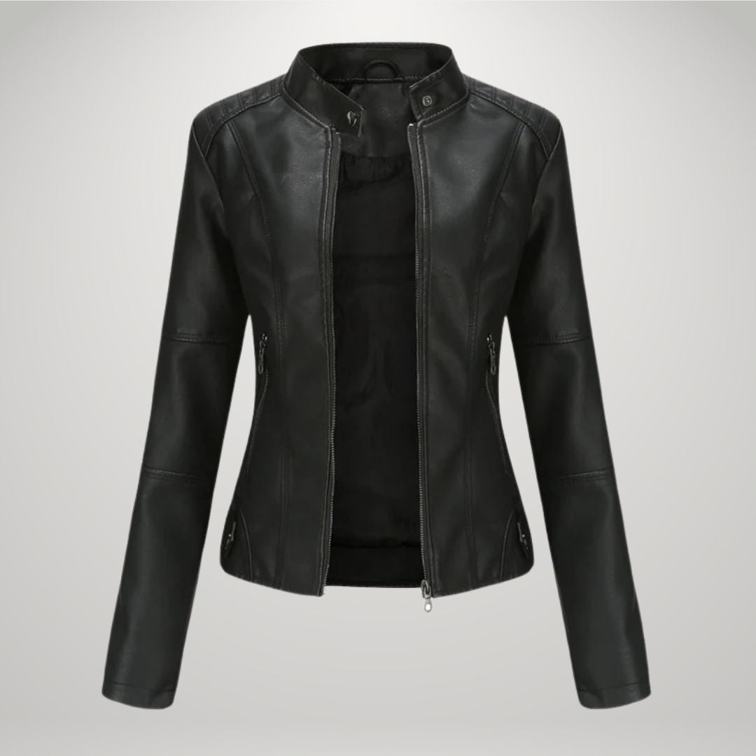 Black leather-look moto jacket with stand collar, zip front, and angled side panels