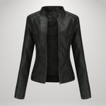 Black leather-look moto jacket with stand collar, zip front, and angled side panels