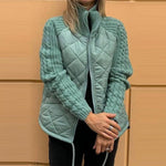 Quilted patchwork zip-up jacket with ribbed knit sleeves, teal quilted front