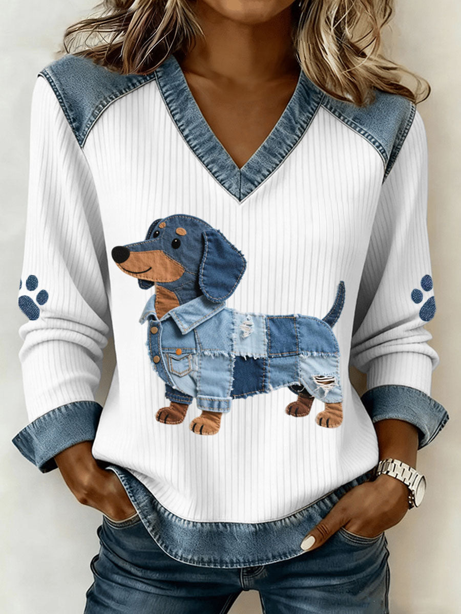 Patchwork dog graphic V-neck pullover sweater with denim trim and paw-print sleeve patches