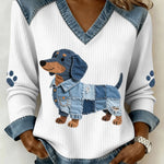 Patchwork dog graphic V-neck pullover sweater with denim trim and paw-print sleeve patches