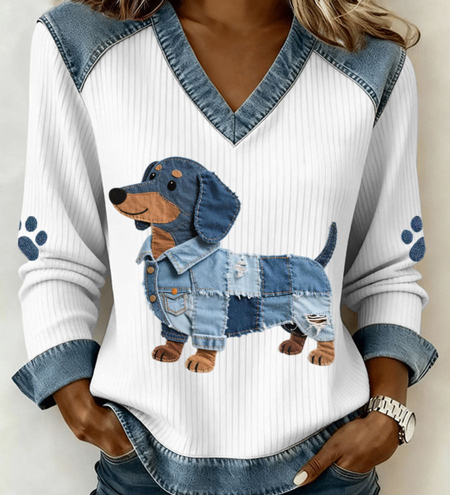 Patchwork dog graphic V-neck pullover sweater with denim trim and paw-print sleeve patches