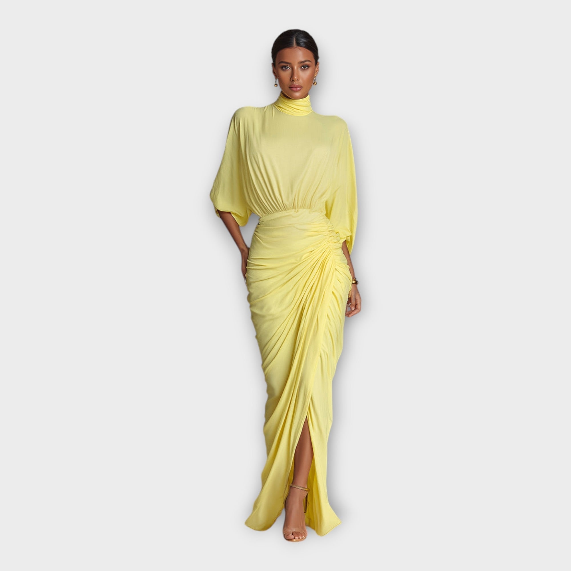 Yellow long-sleeve maxi dress with high neck, gathered waist and draped pleats