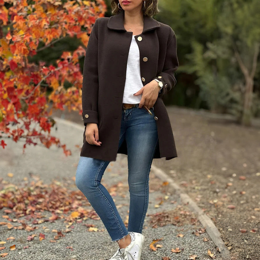Dark brown button-front coat with notched lapels, long sleeves, and front pockets