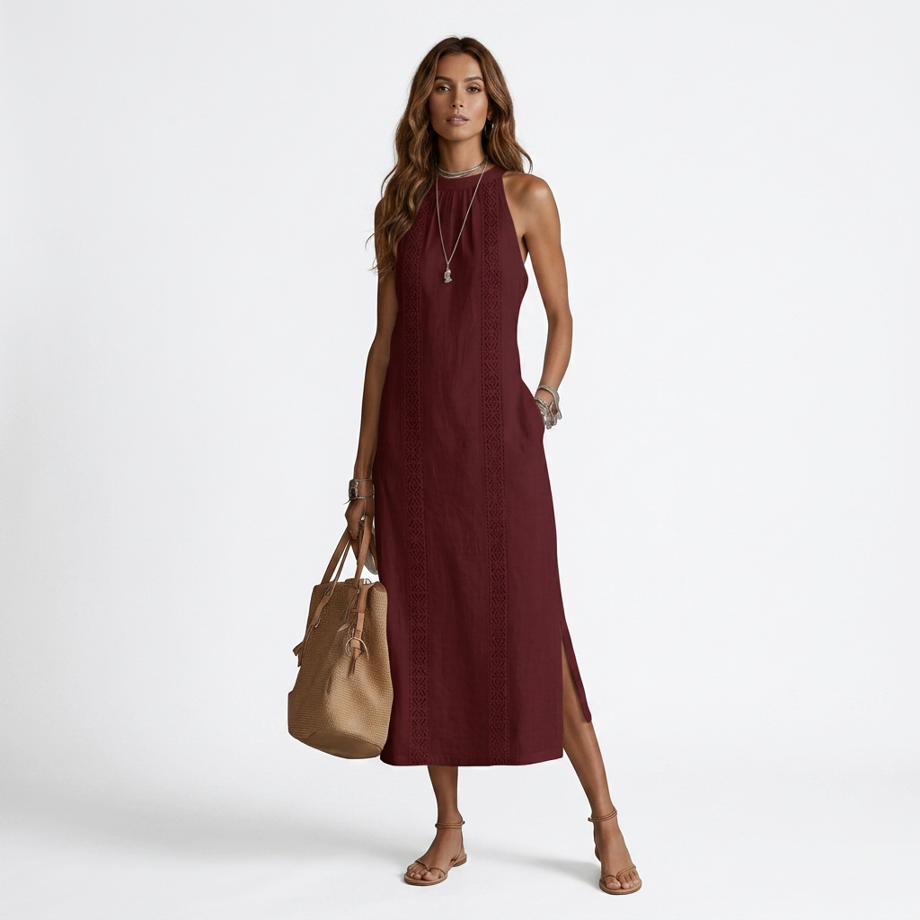 Burgundy linen midi dress with Mao collar, sleeveless, embroidered front, side slit