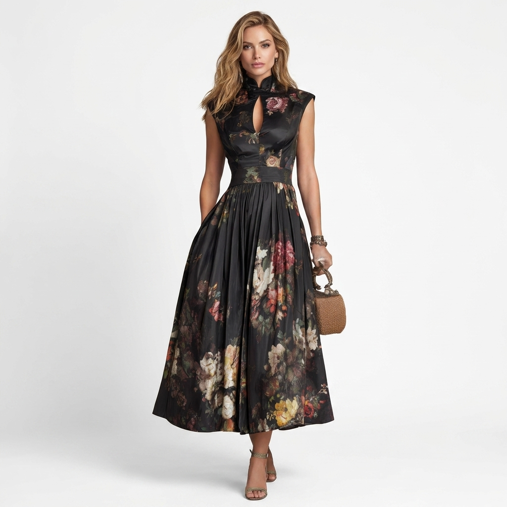 Floral midi pleated dress, dark sleeveless bodice with high neck