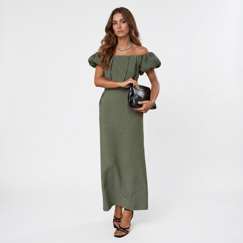 JASMINE off-shoulder midi dress in olive green with puff sleeves and fitted waist