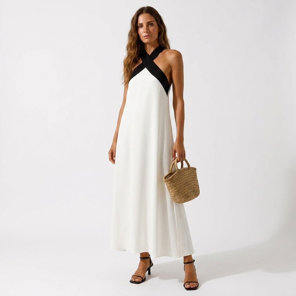 Elegant summer halter dress, white with black diagonal cross strap and long skirt