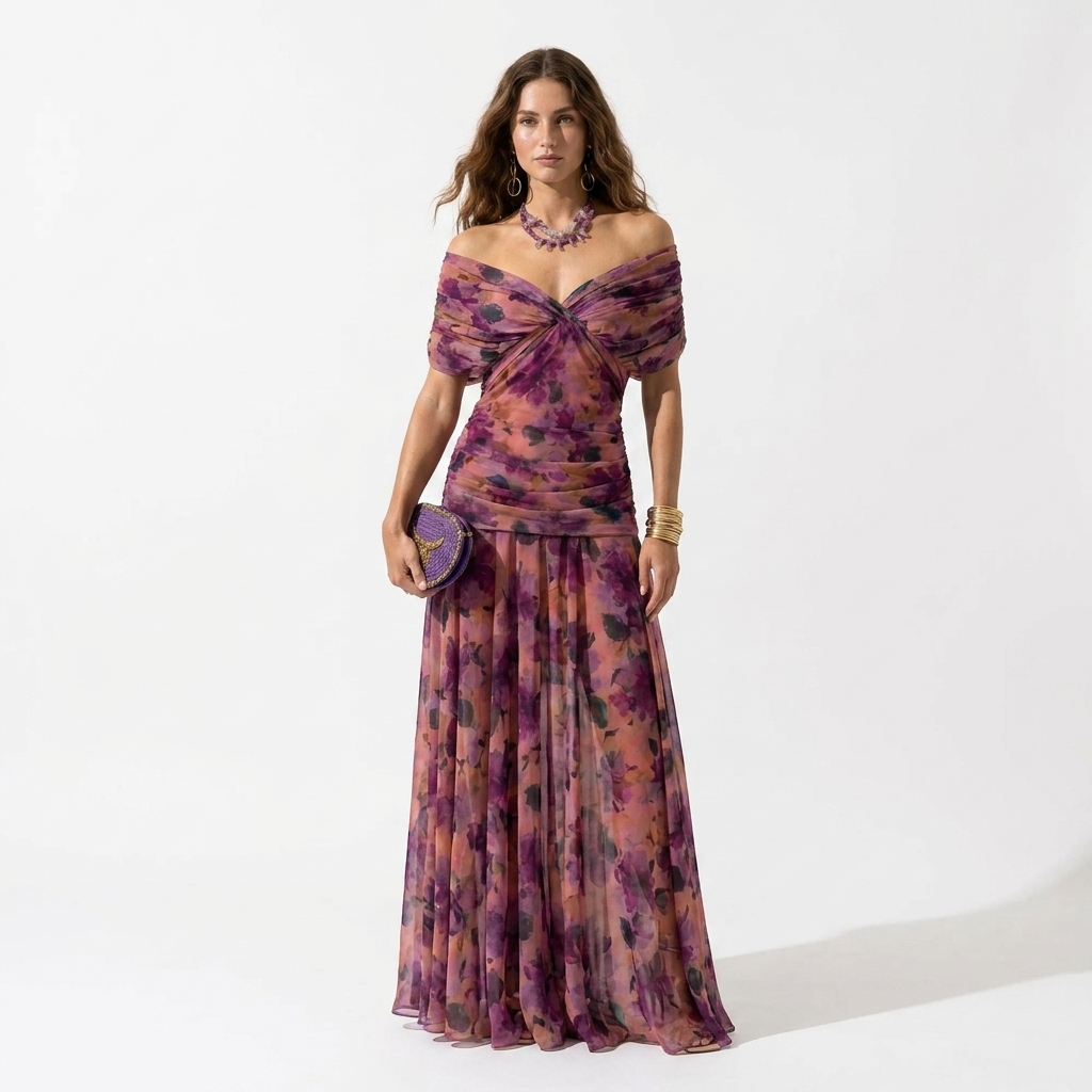 Purple floral long dress with V-neck, off-shoulder drape, and ruched waist