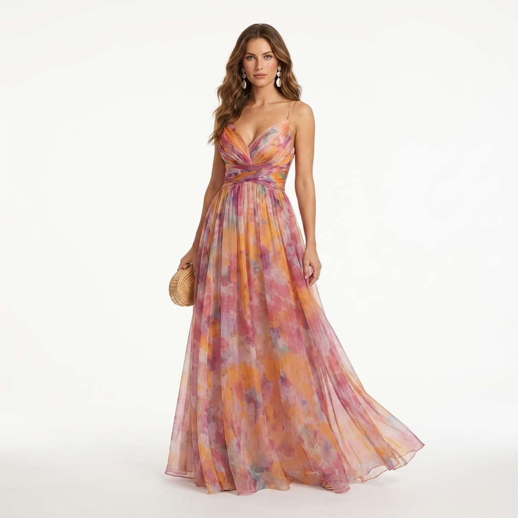 Floral maxi dress with V-neck and thin straps, multicolor pink and orange print