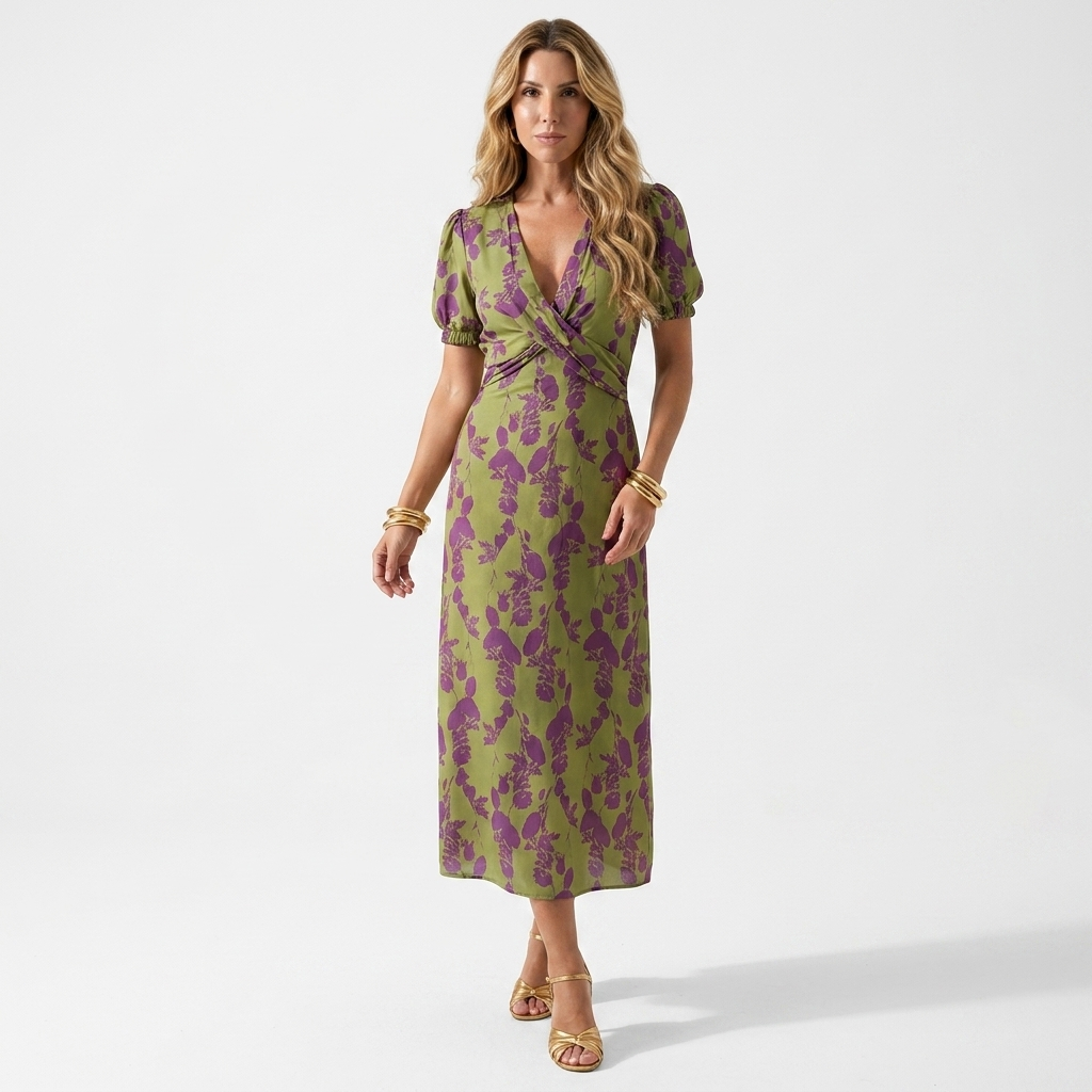 Green floral midi dress with purple print, V-neck wrap and short puff sleeves