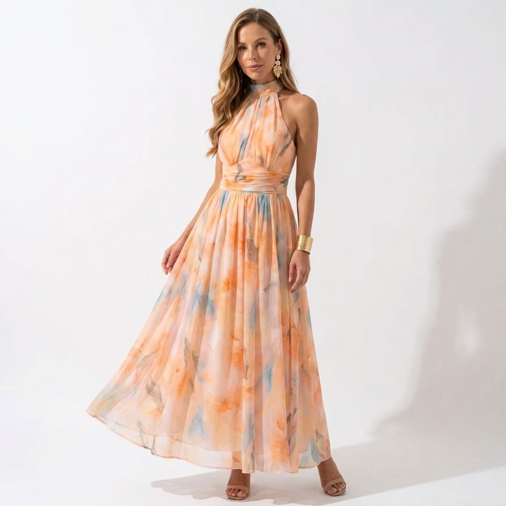 Orange watercolor silk halter midi dress, gathered waist, flowing skirt