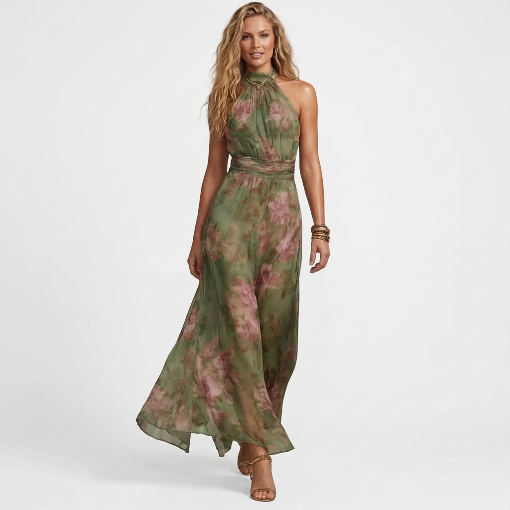 Green floral maxi dress with sleeveless halter neckline and gathered waist