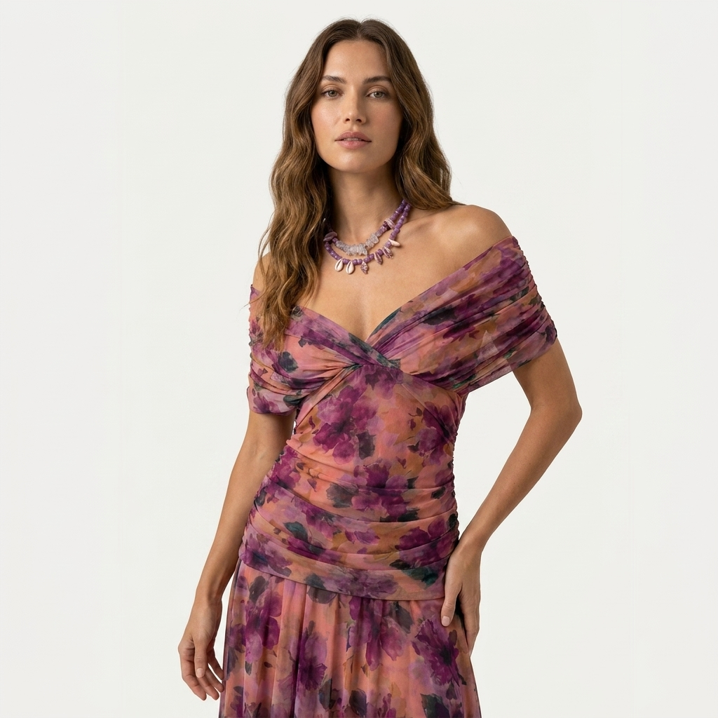 Purple floral long dress with off-shoulder V-neck and twisted ruched bodice
