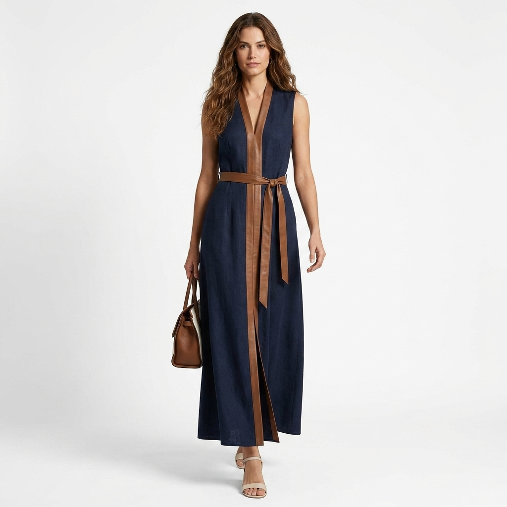 Elira linen dress in dark navy with deep V-neck and waist tie, sleeveless maxi