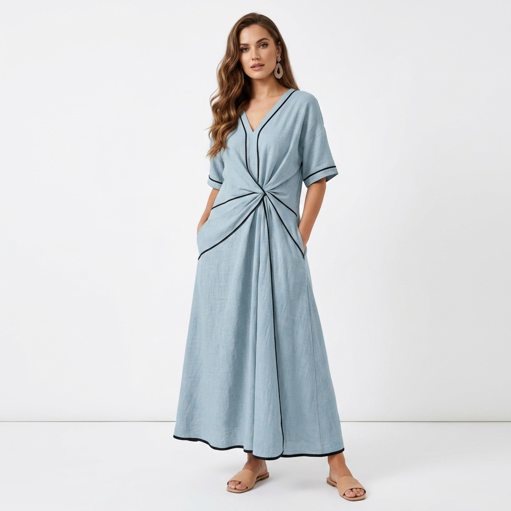 Light blue maxi wrap dress with V-neck, short sleeves, knot waist and contrast trim