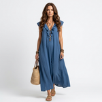 Lidiane blue long ruffle dress with V-neck and decorative trim, sleeveless, tiered hem