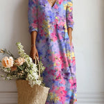 Rosalie daily comfort dress, V-neck, long sleeves, colorful abstract print midi