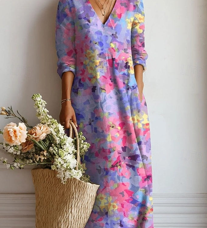 Rosalie daily comfort dress, V-neck, long sleeves, colorful abstract print midi