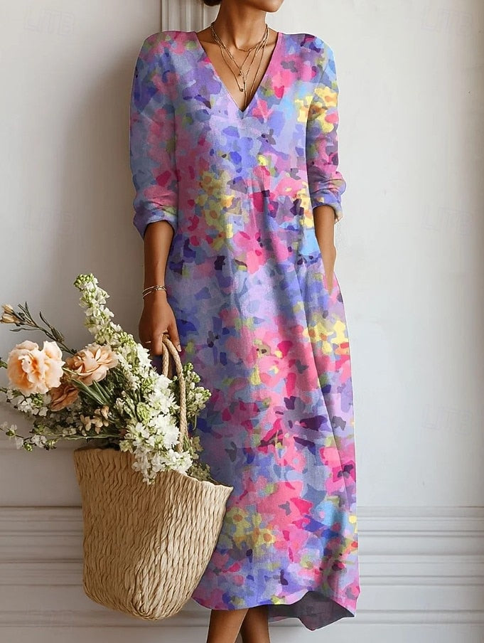 Rosalie daily comfort dress, V-neck, long sleeves, colorful abstract print midi