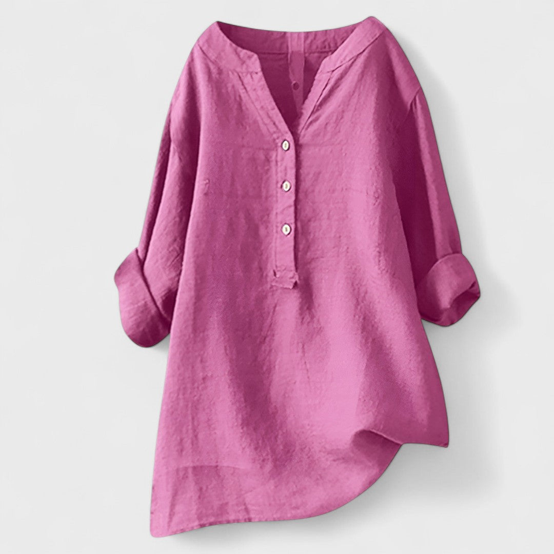 Pink comfort shirt with V-neck, button front, and 3/4 cuffed sleeves