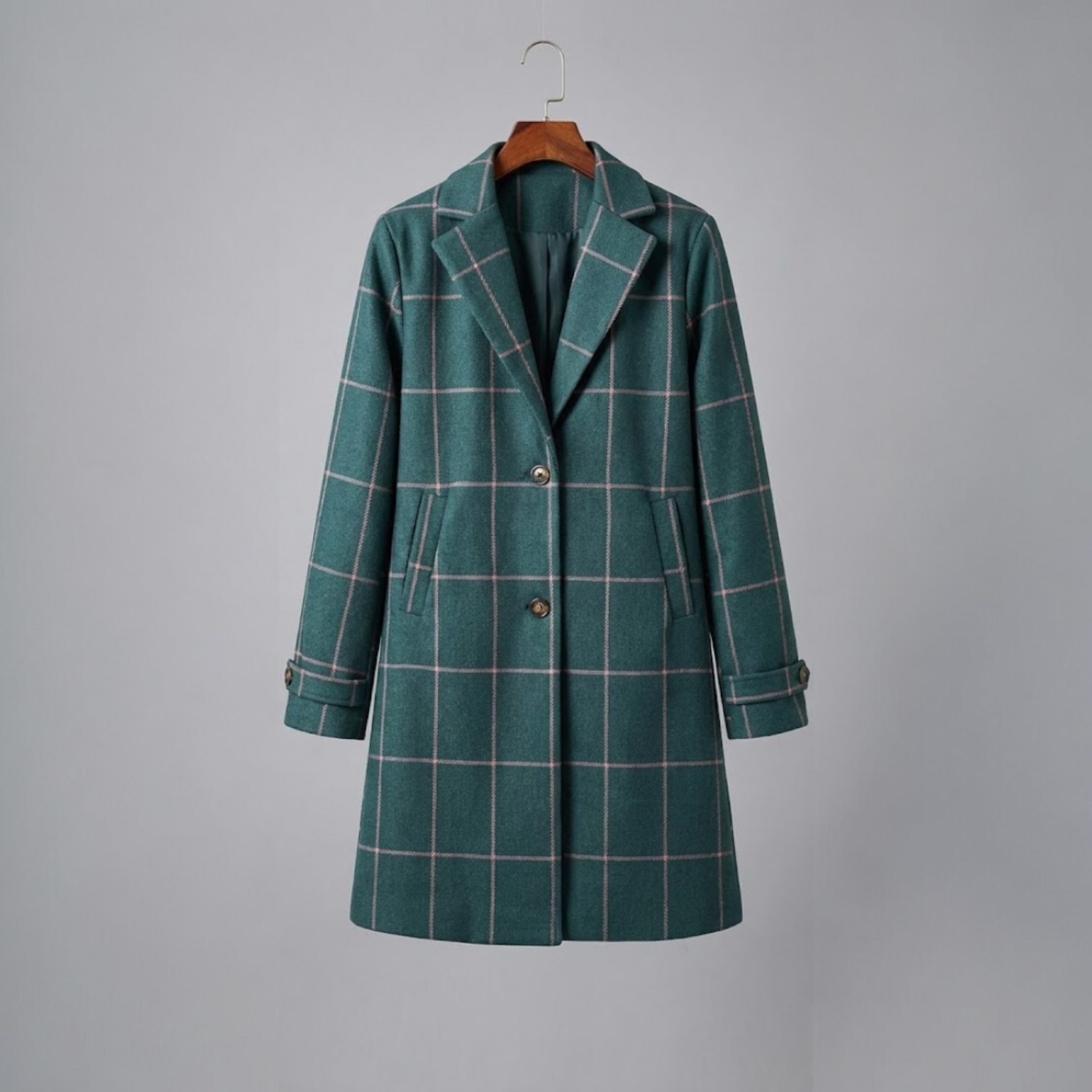Women's plaid long coat with notched lapel, button front, and cuffed sleeves