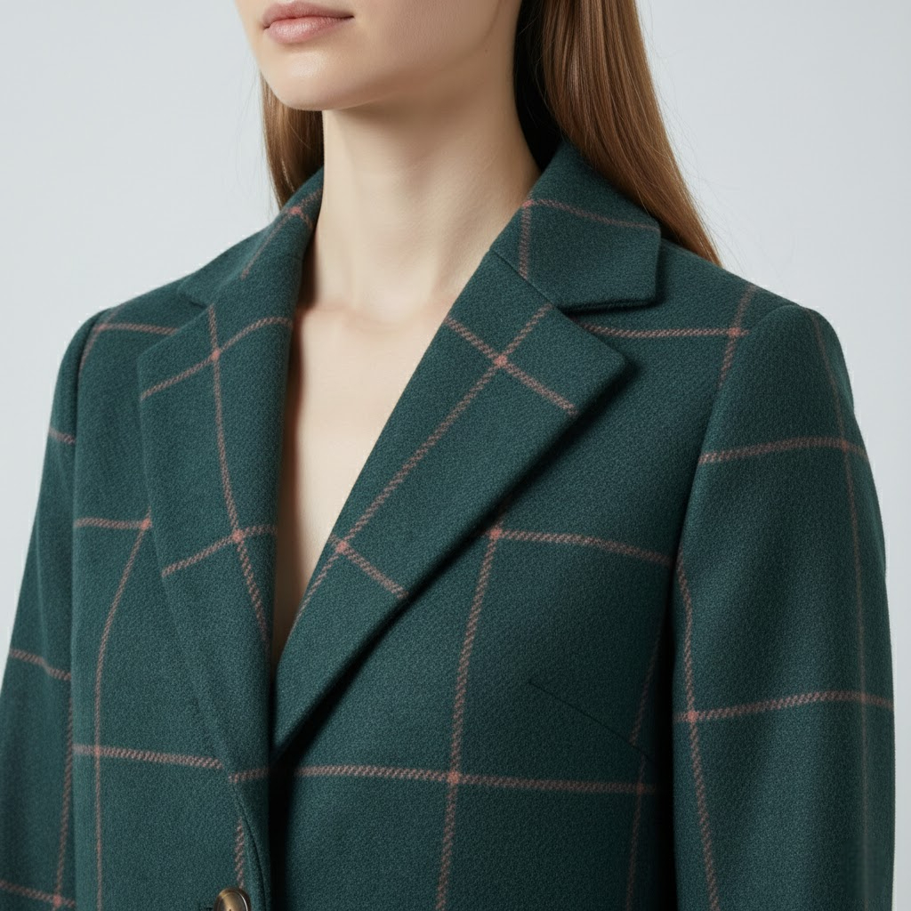 Women's plaid overcoat lapel with dark buttons and V-neck opening